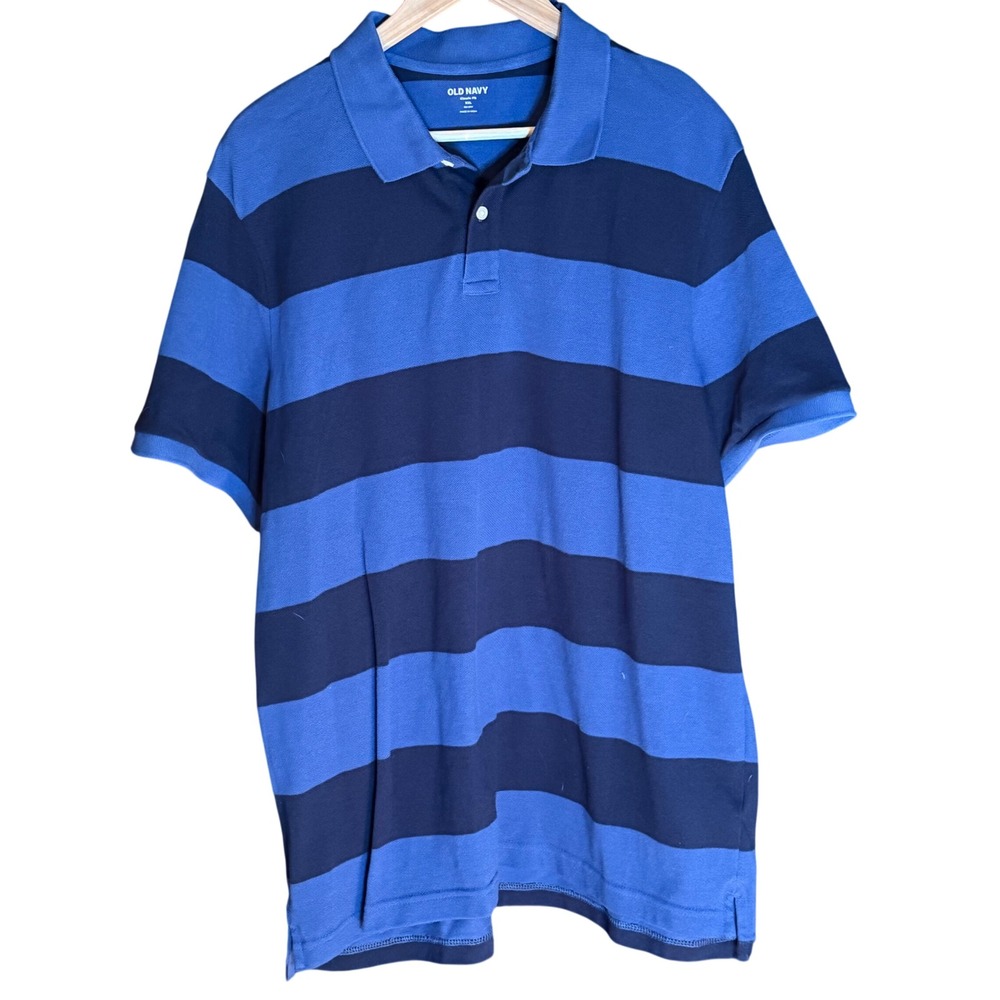 Old Navy Mens Classic‎ Fit XXL Blue Navy Striped Polo Shirt Short Sleeve GO-DRY